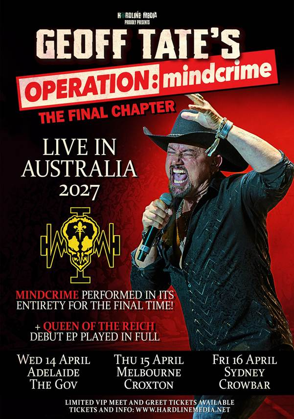 Official Australian tour poster for Geoff Tate’s Operation: Mindcrime The Final Chapter 2027, featuring him singing live in a black cowboy hat.